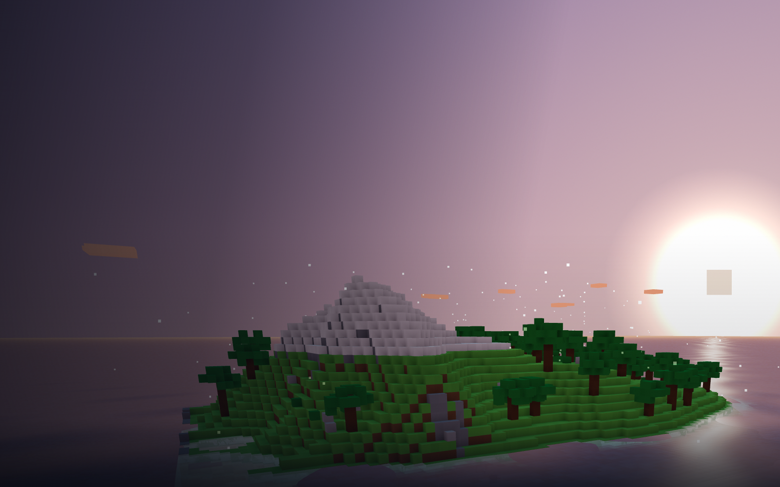 Voxelcraft at dusk: a seeded island of grass, stone and water cubes